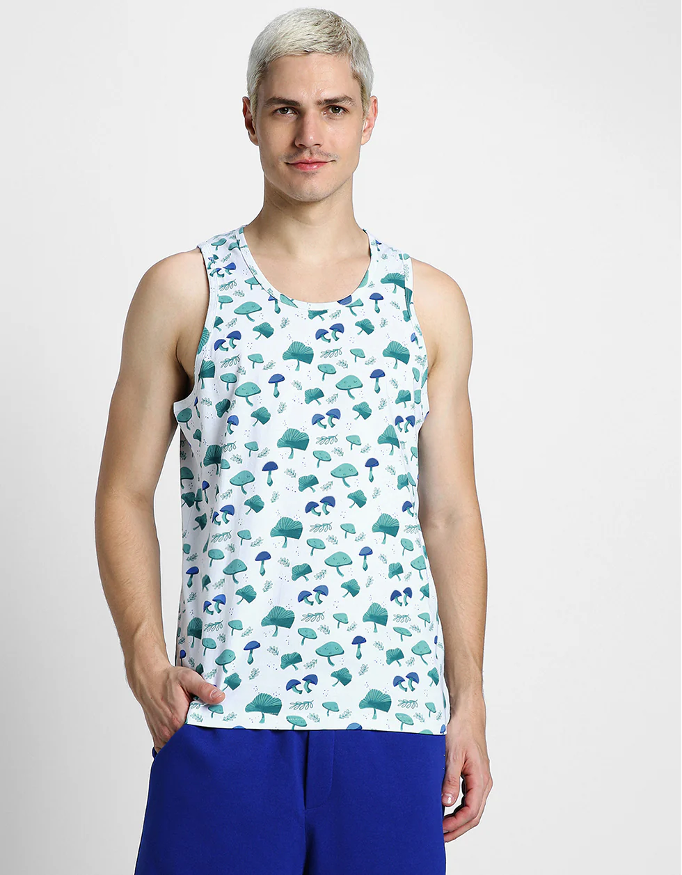 White & Blue Mushroom Printed Gym Vest - Image 6