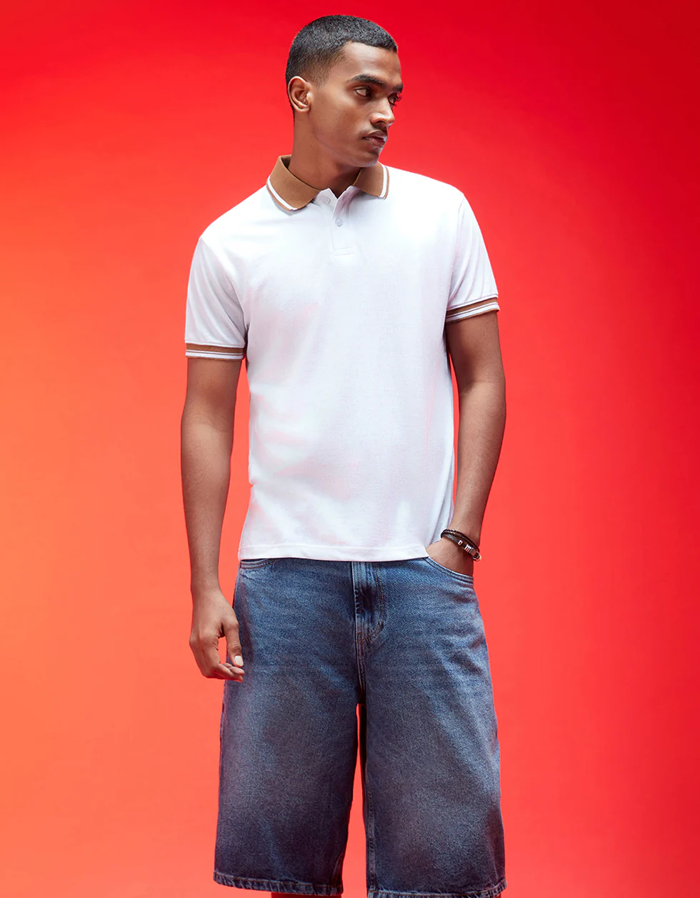 White Brown Plain Regular Slim Fit Polo T-shirt - Image 5