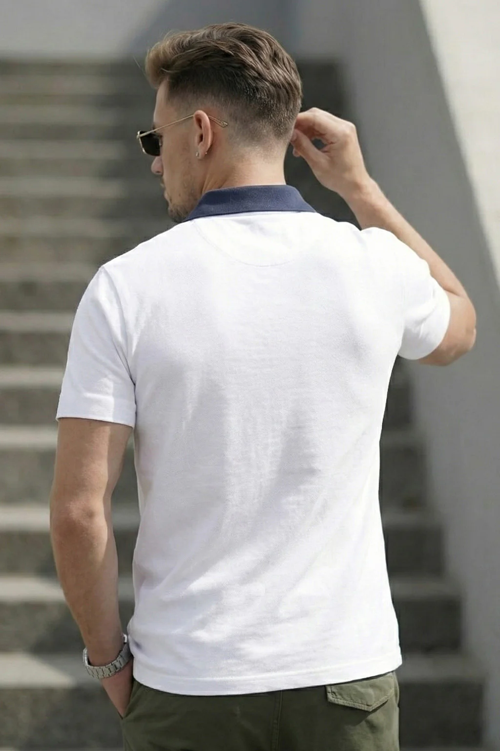 White Contrast Collar Economic Regular Fit Pique Polo - Image 4