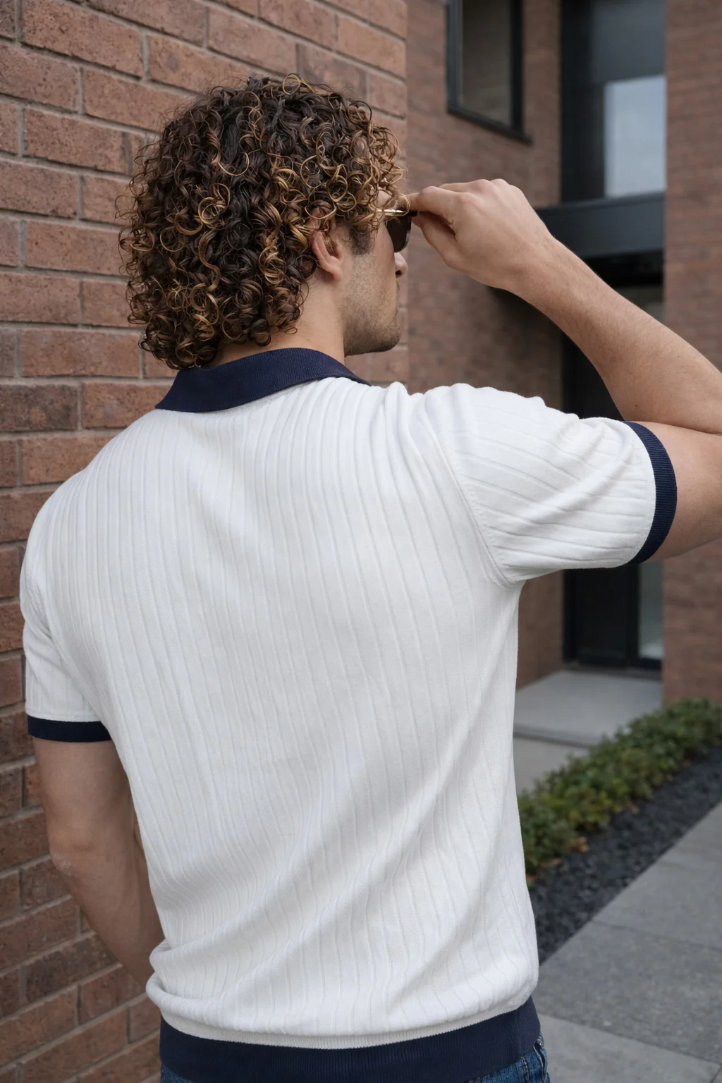 White Contrast Collar Flatknit Textured Regular Fit Exclusive Polo T-Shirt - Image 3