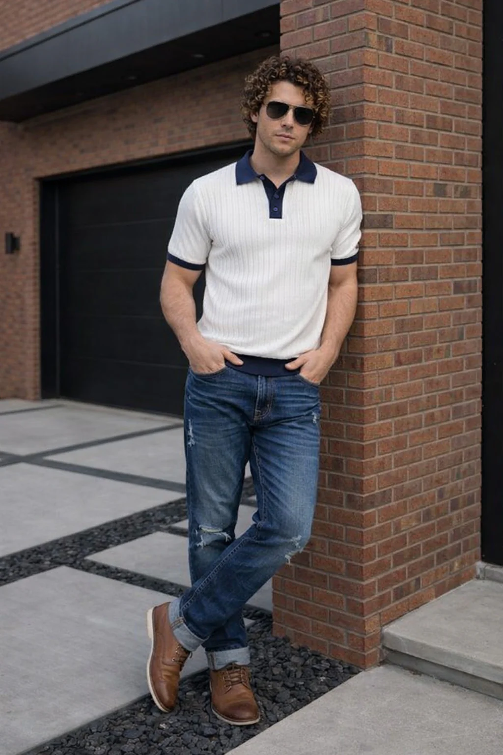 White Contrast Collar Flatknit Textured Regular Fit Exclusive Polo T-Shirt - Image 4