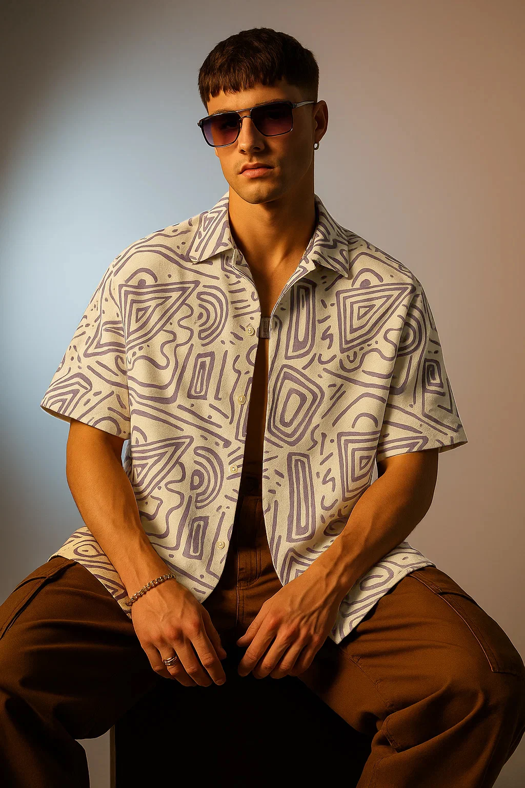 White Lilac Camp Collar All Over Print Oversized Exclusive Shirt - Image 4