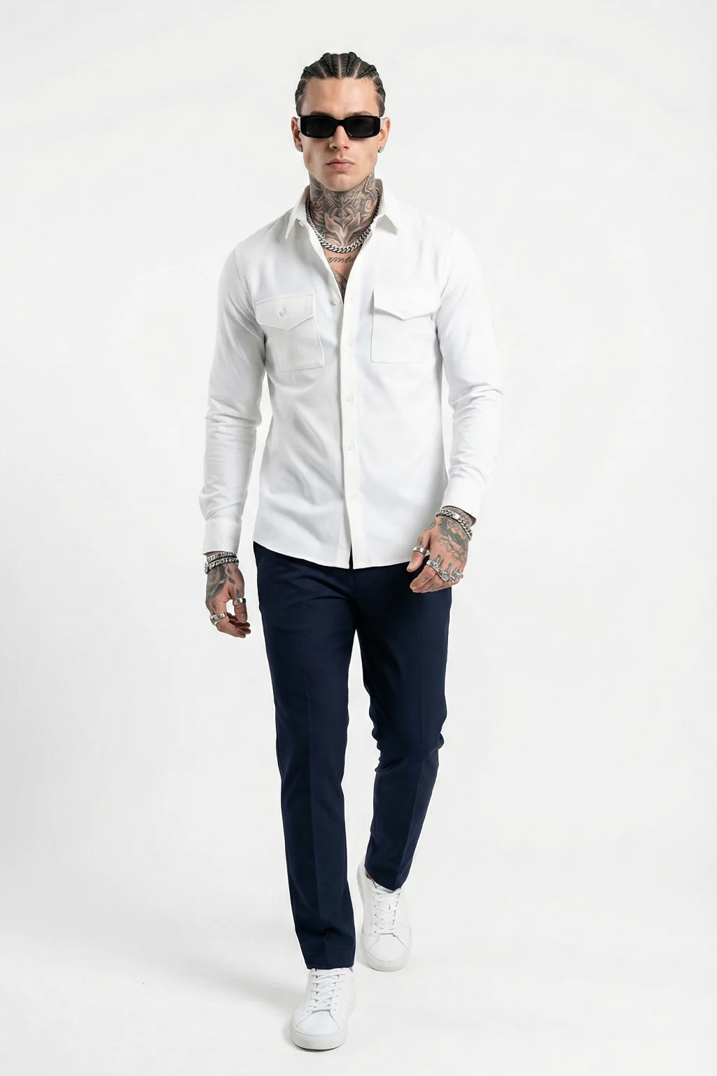 White Plain Relaxed Fit Full Sleeve Dual Pocket Utility Exclusive Shirt
