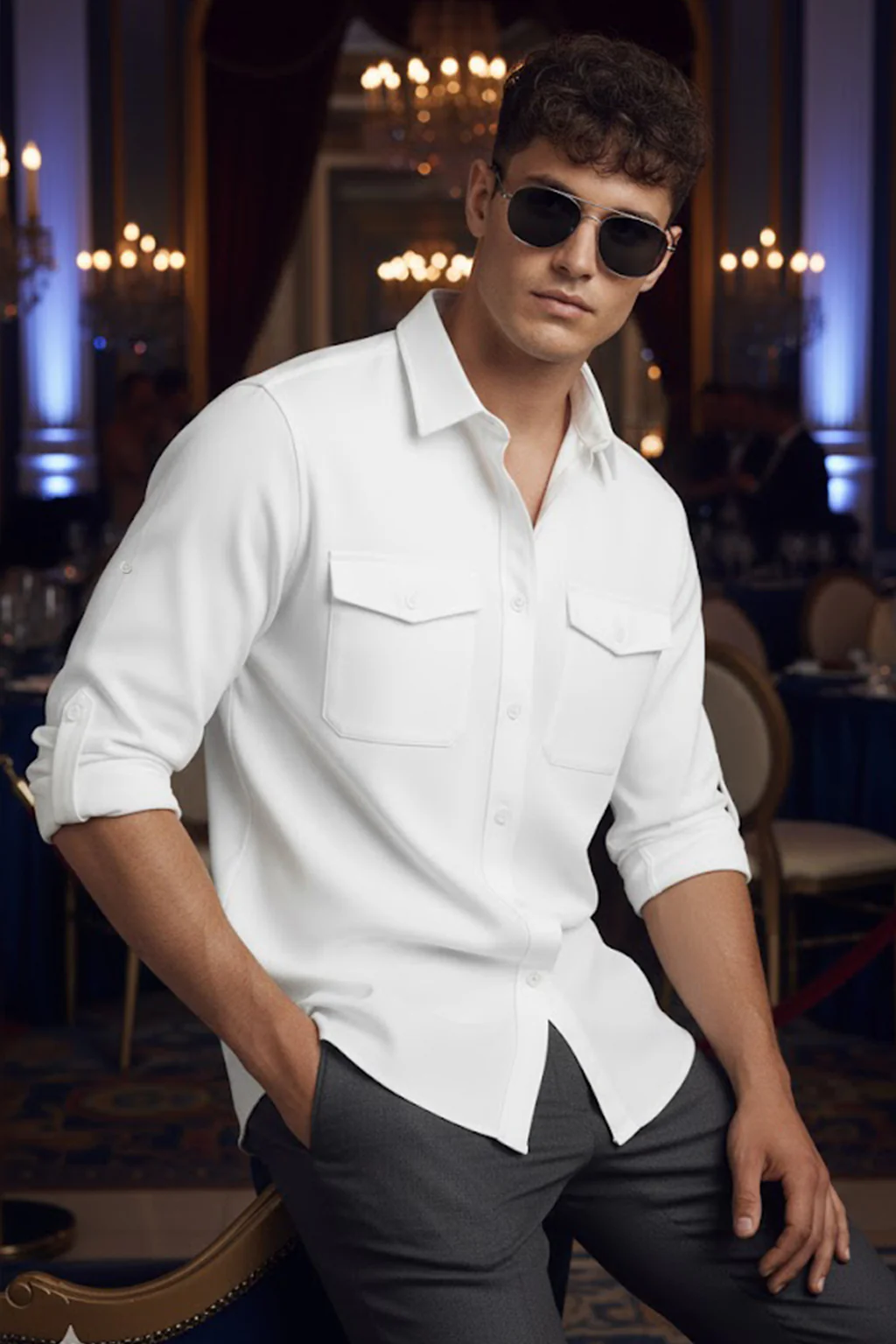 White Plain Relaxed Fit Full Sleeve Dual Pocket Utility Exclusive Shirt - Image 3