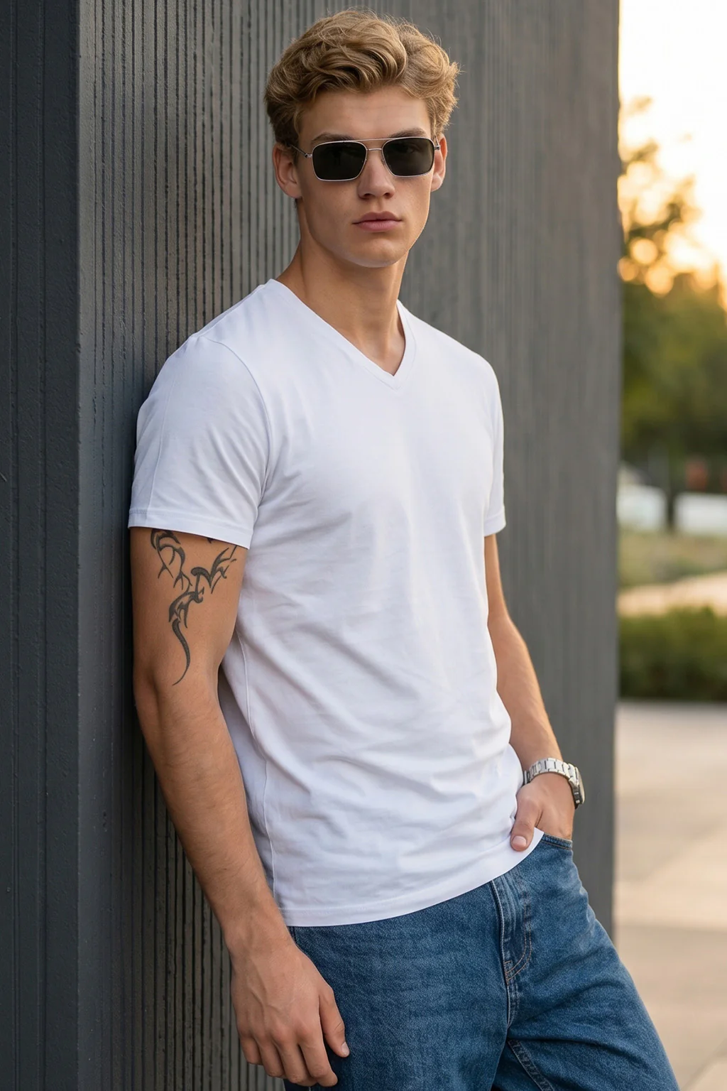 White Plain V-Neck Regular Fit T-shirt - Image 3