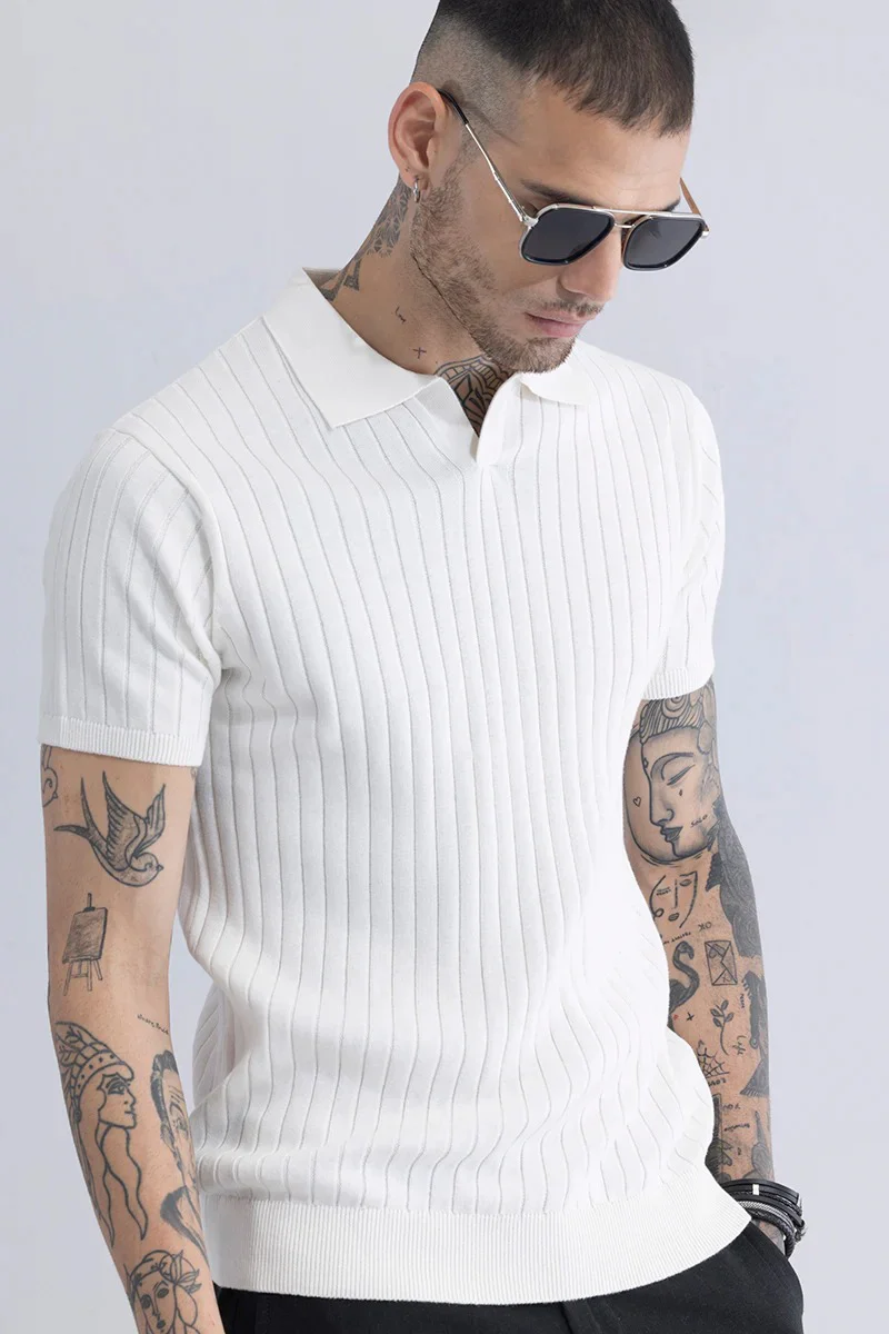 White Ribbed Flatknit Textured Regular Fit Exclusive Polo T-Shirt - Image 5