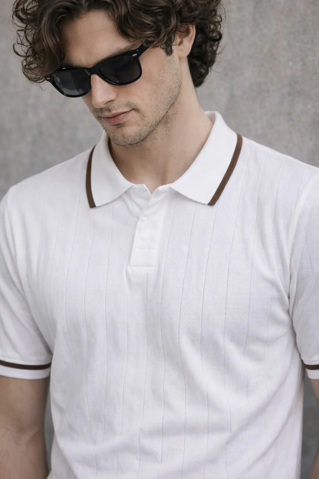 White Strriped Collar Flatknit Textured Regular Fit Exclusive Polo T-Shirt - Image 2