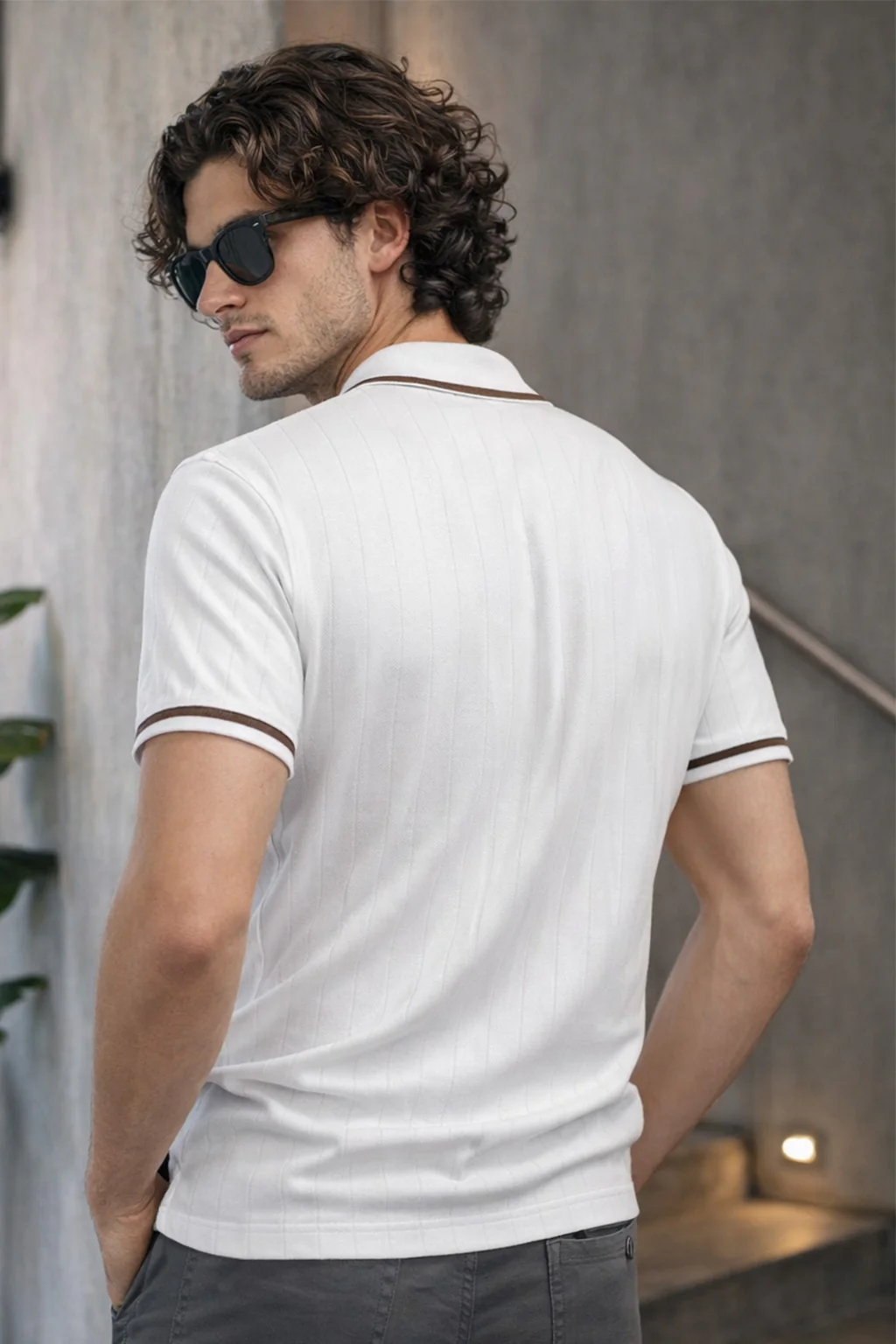 White Strriped Collar Flatknit Textured Regular Fit Exclusive Polo T-Shirt - Image 3