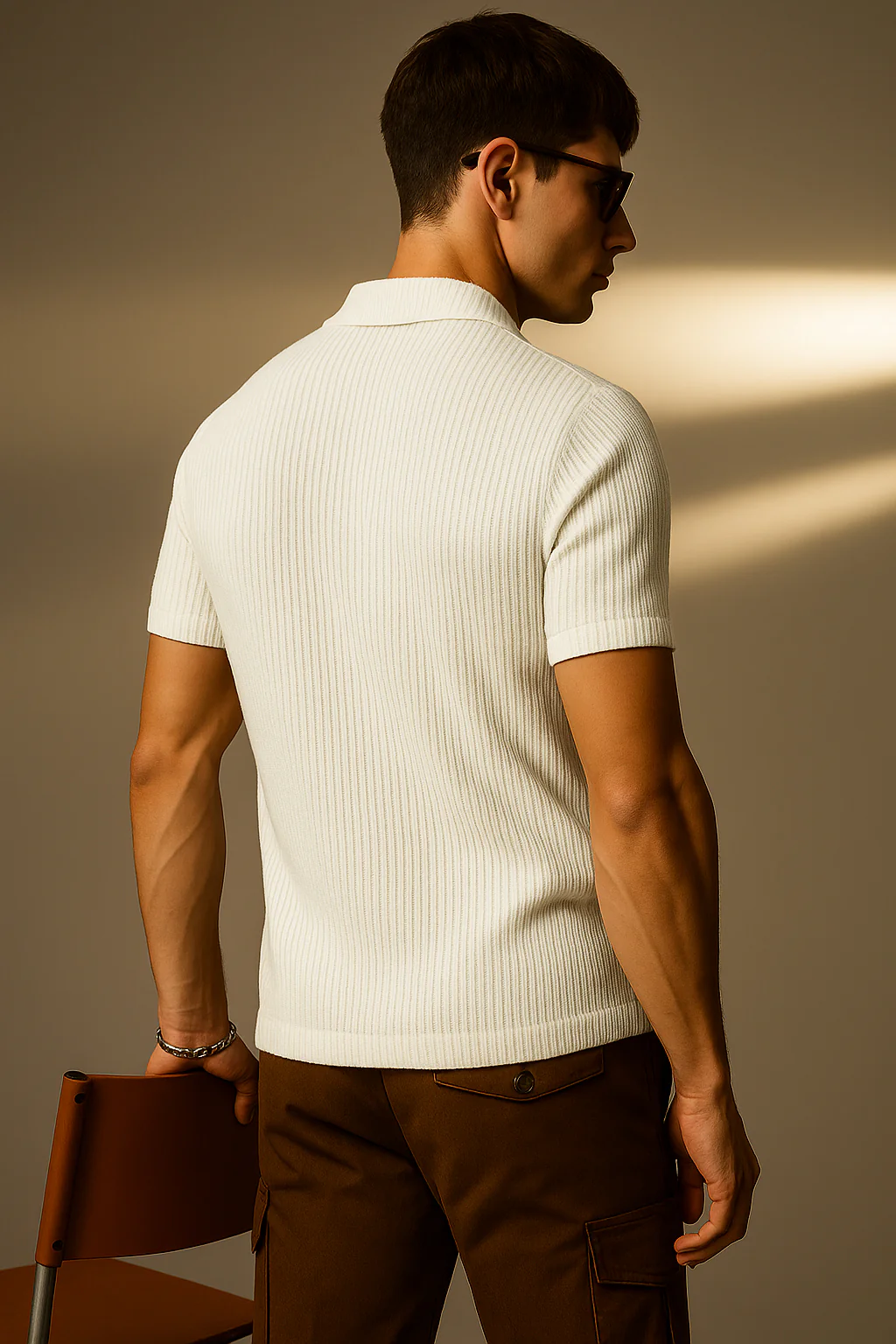 White Textured Plain Regular Fit Zipper Polo T-shirt - Image 3