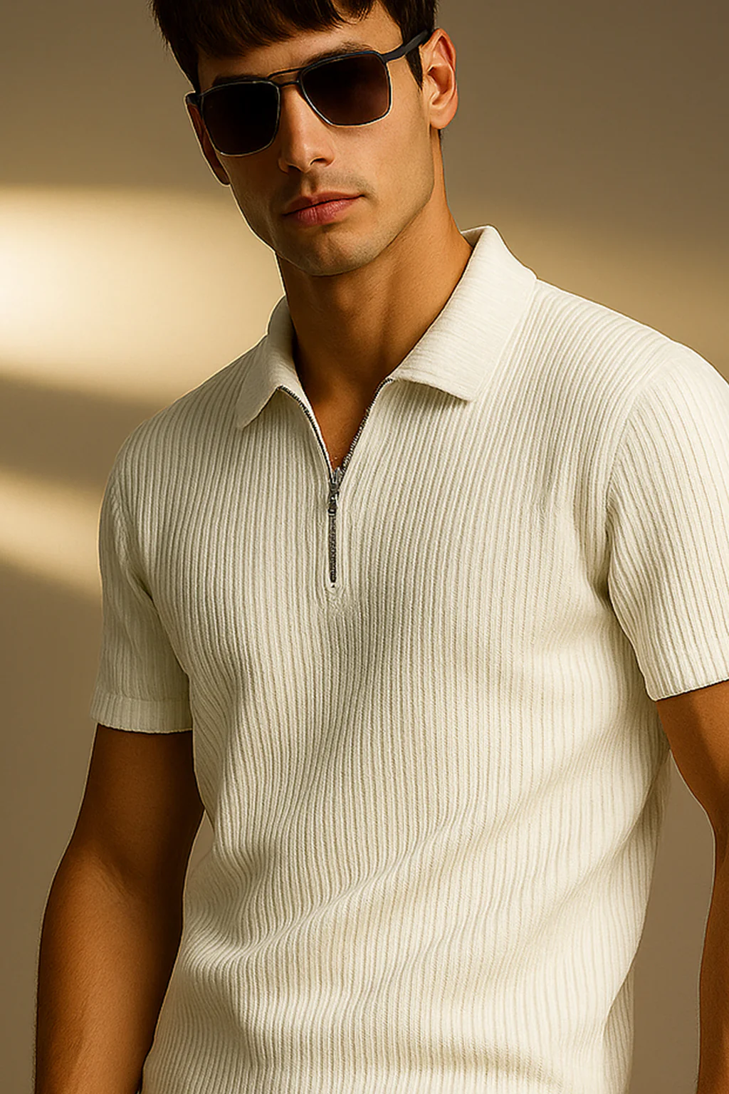 White Textured Plain Regular Fit Zipper Polo T-shirt - Image 4