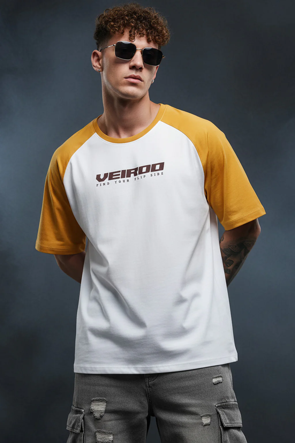 White-Yellow Raglan Oversized Typography Printed T-shirt - Image 2