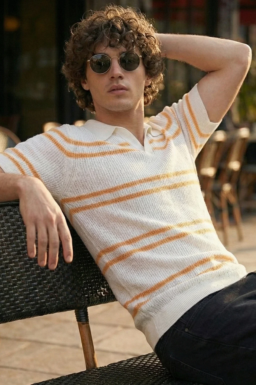 White & Yellow Stripped Flatknit Textured Regular Fit Exclusive Polo T-Shirt - Image 2