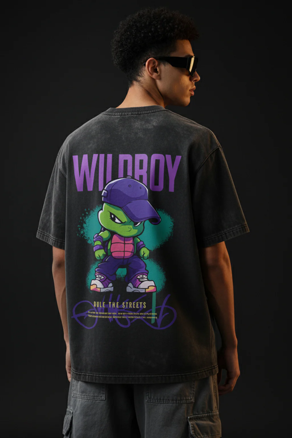 Wild Boy Black Oversized Acid Washed Graphic Back Printed Exclusive T-shirt - Image 3