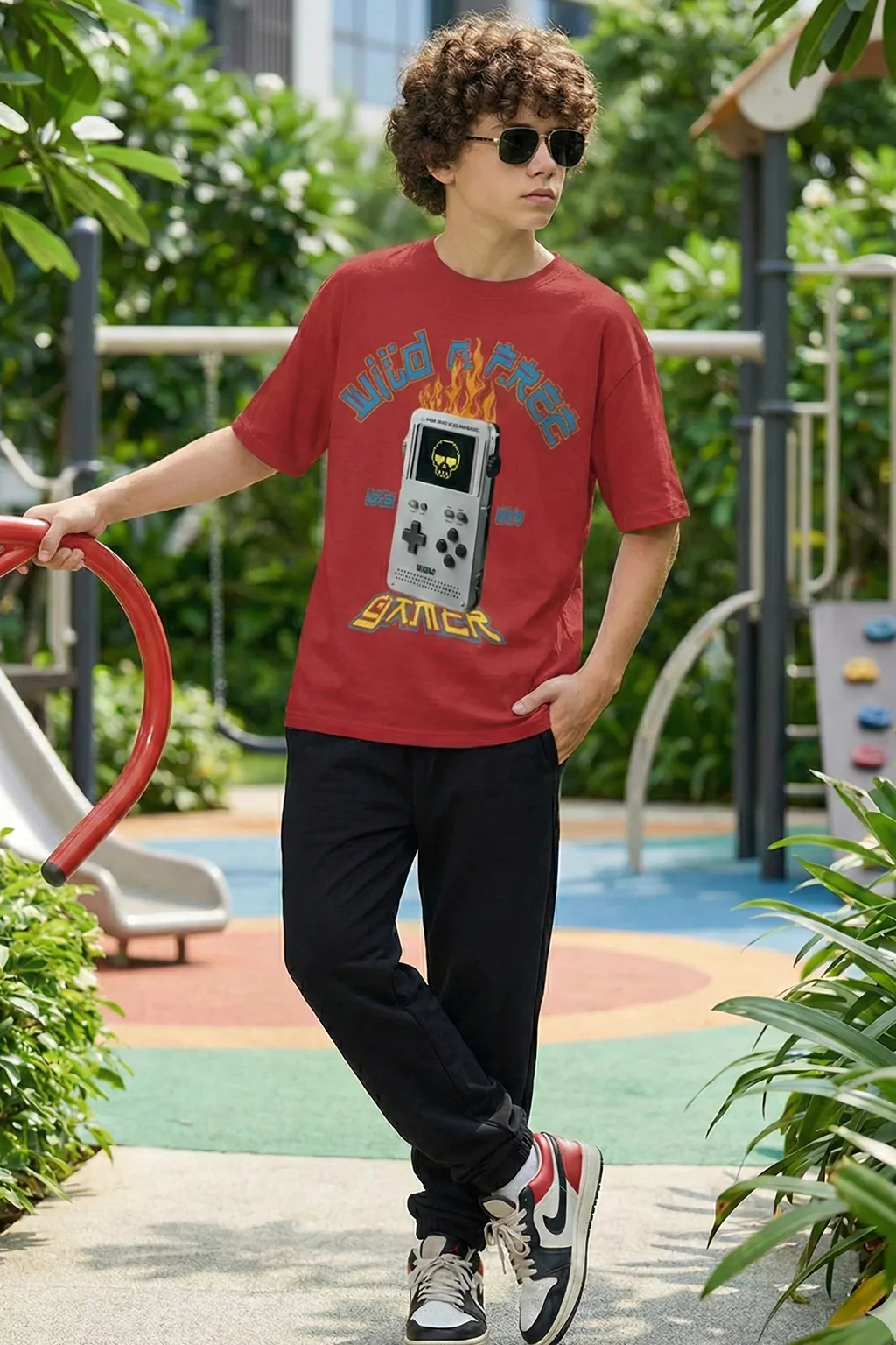 Wild Free Red Oversized Graphic Printed Boys T-shirt - Image 3