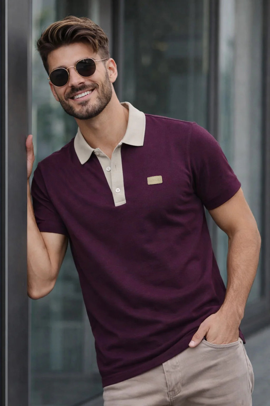 Wine Contrast Collar Economic Regular Fit Pique Polo - Image 3