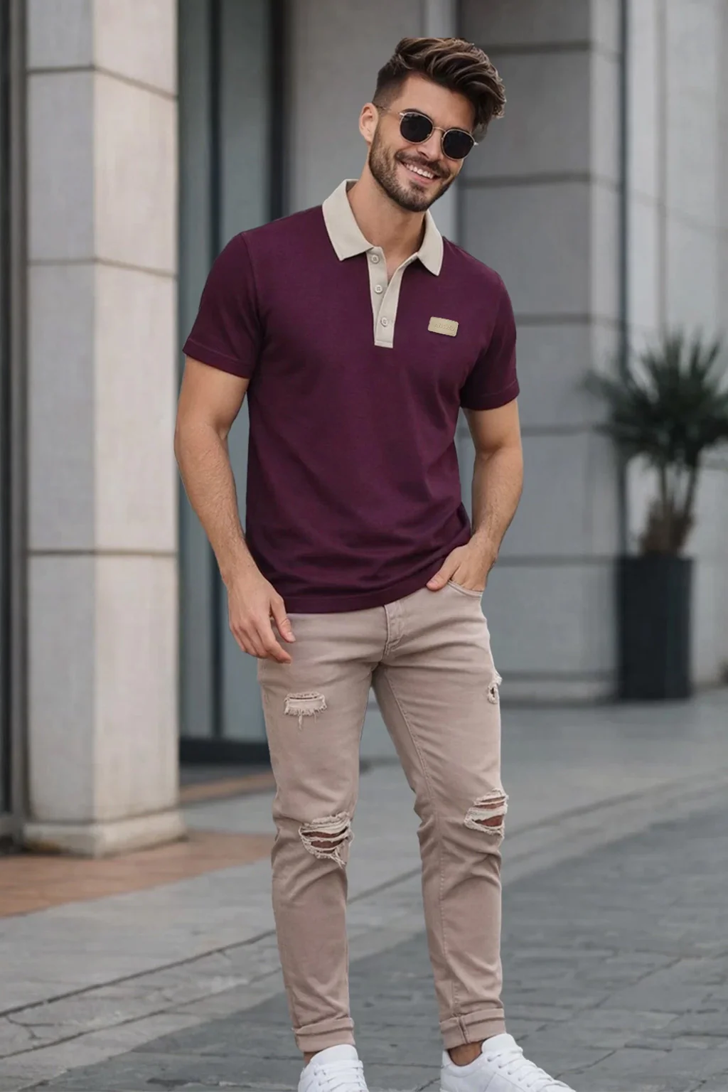 Wine Contrast Collar Economic Regular Fit Pique Polo - Image 5