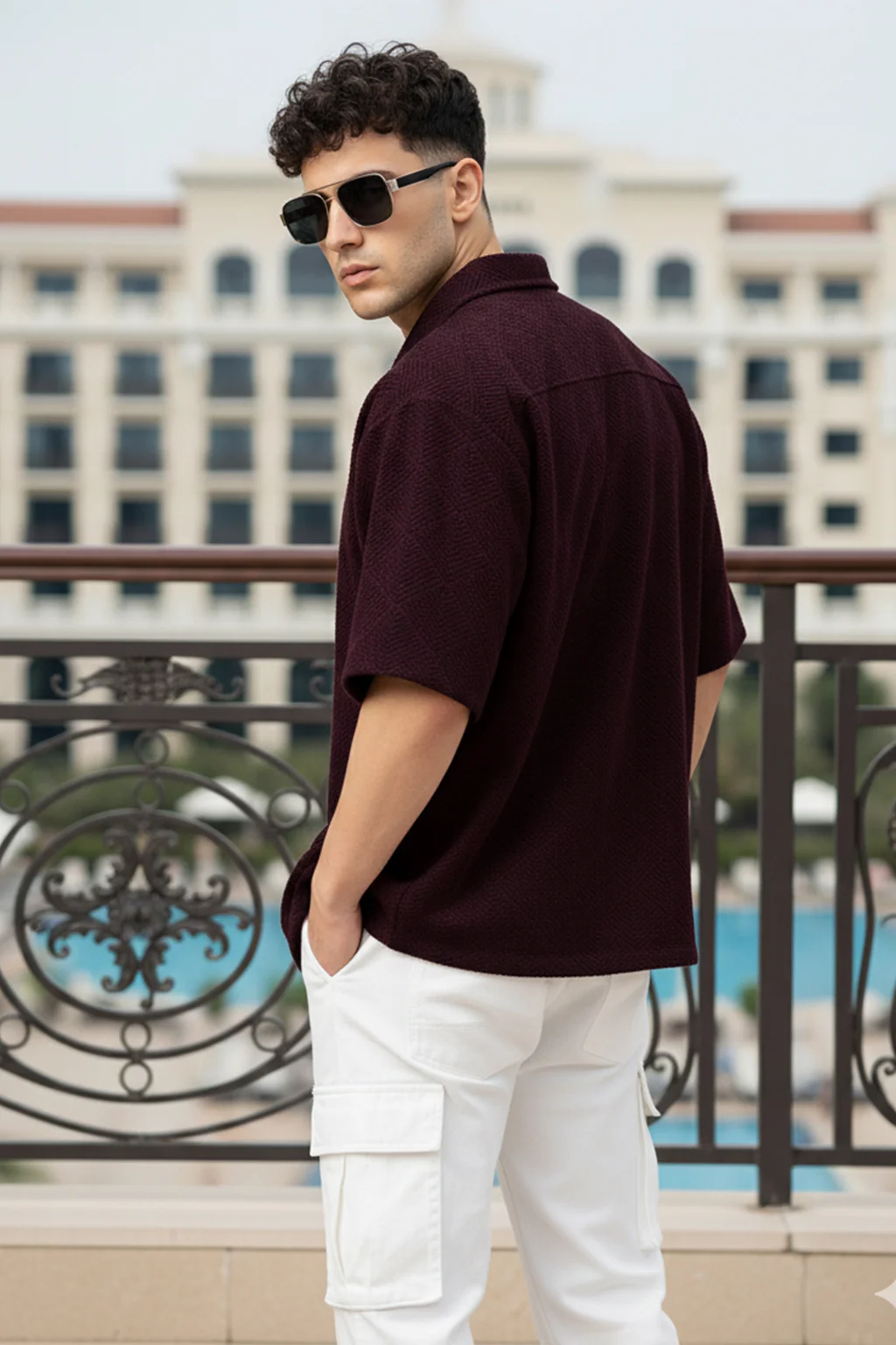 Wine Jacquard Plain Oversized Exclusive Shirt - Image 3