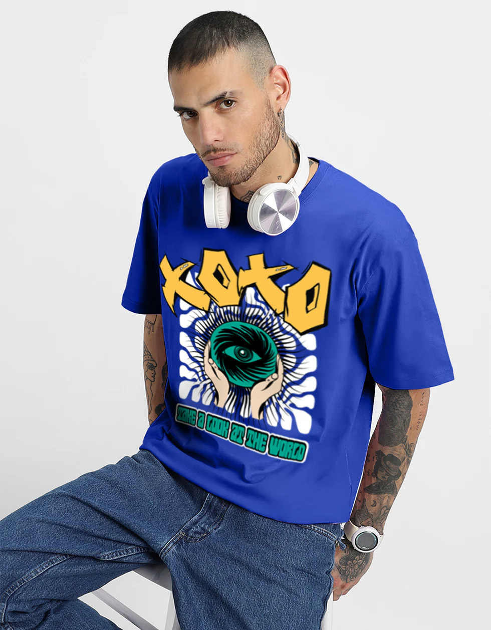 XOXO Printed Blue Men's Front Typographic Printed T-shirt - Image 4