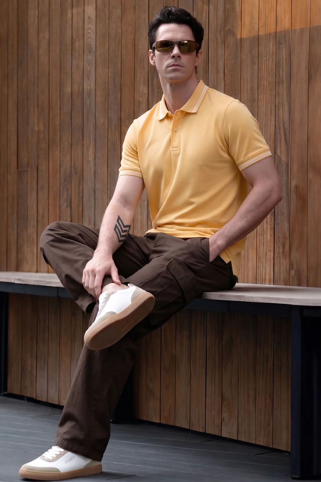 Yellow Bird Eye Pique Stripe Collar Regular Fit Tipping Polo T-shirt - Image 5
