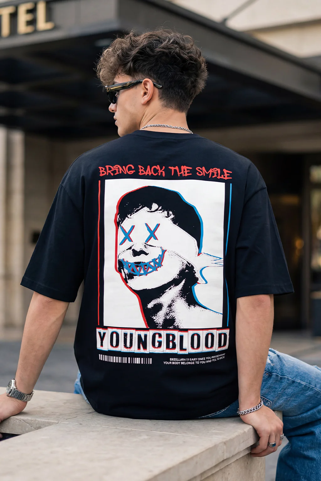 YOUNG BLOOD Printed Black Oversized Back Graphic Printed T-shirt - Image 2
